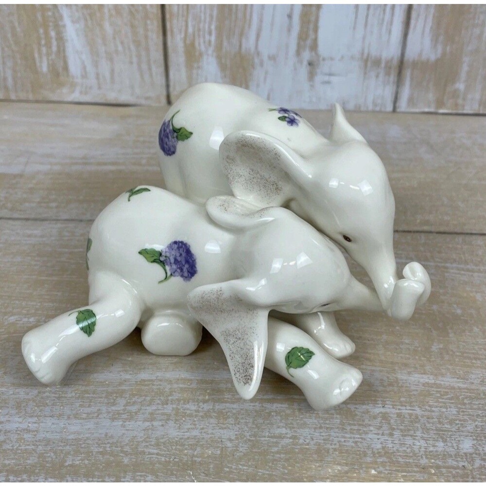 Vintage Lenox Double Elephants Figurines Purple Flowers 3.35”x 5” Hand Painted
